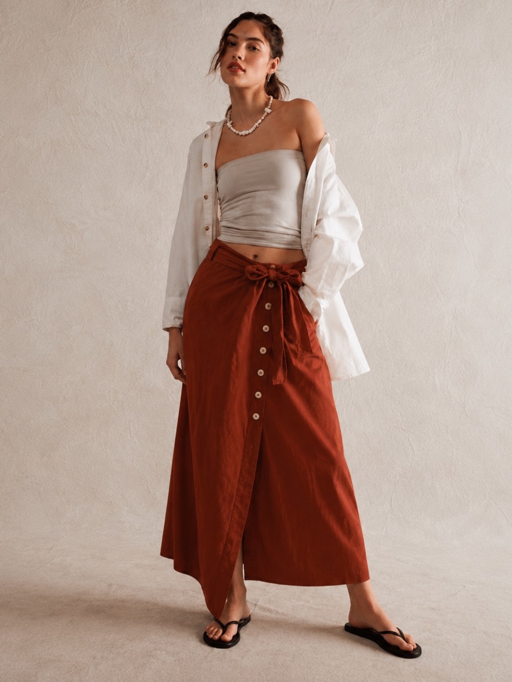 Free People Rust Maxi Skirt with Front Buttons and Tie Waist